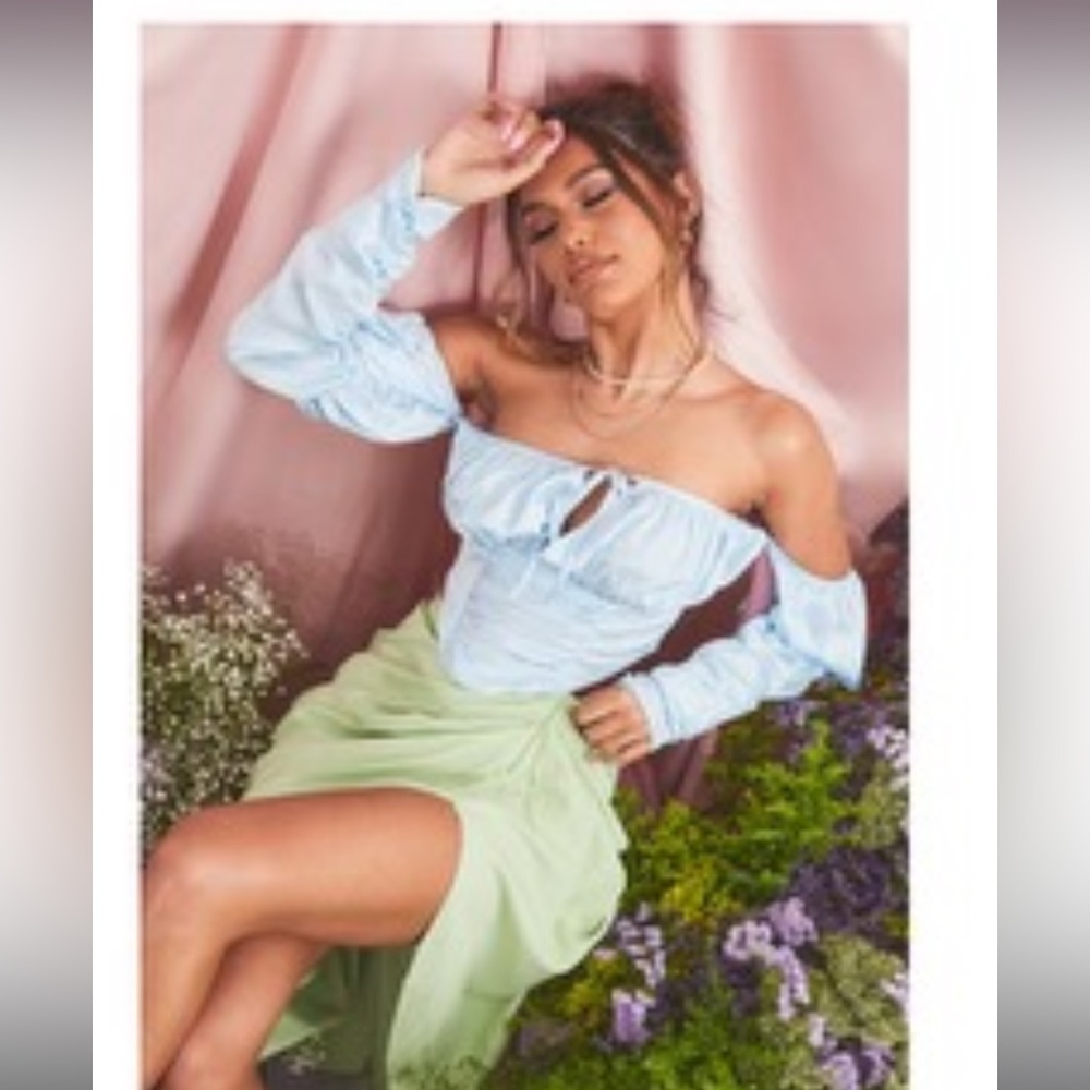NEW blue satin Bardot ruched detail long sleeve dipped hem crop top